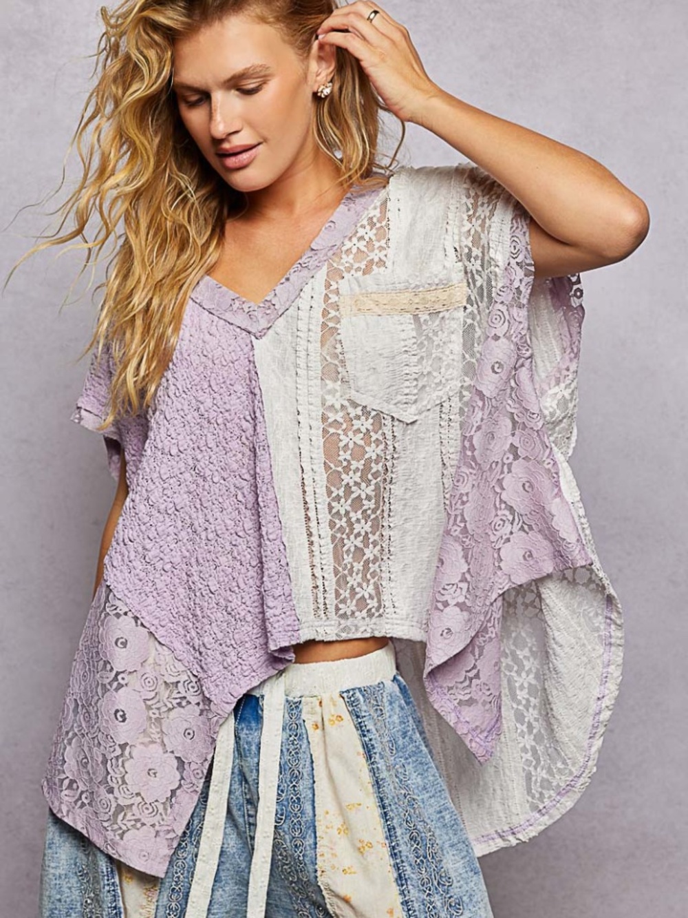 Pol Lavender V neck Floral Lace Semi Sheer Loose fit Top - Picture 4 of 5